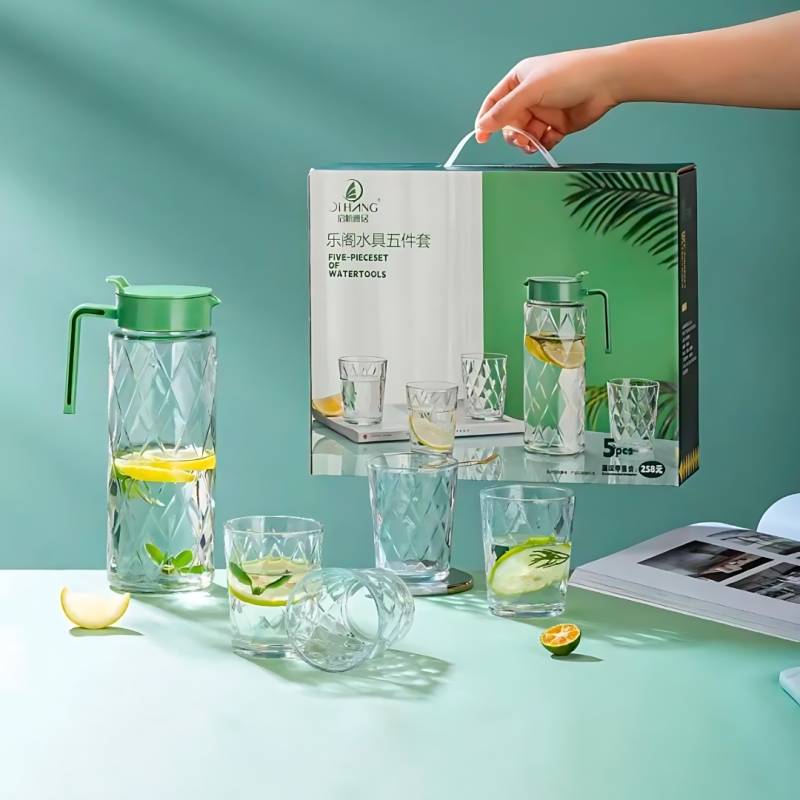 JARRA+4 VASOS VIDRIO  DIAMANTADO