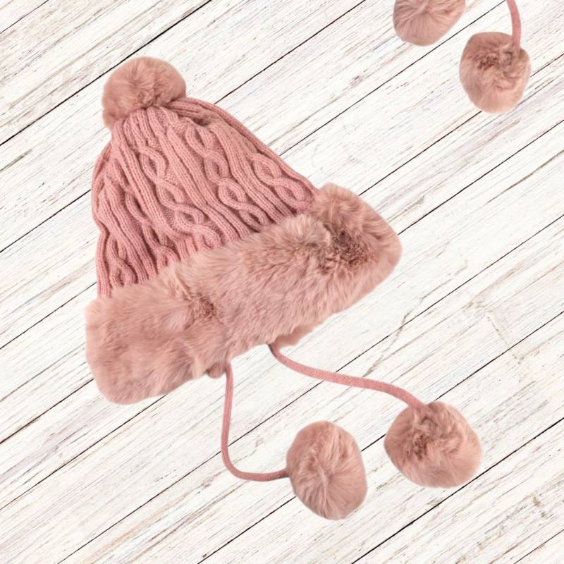 GORRO TEJIDO C/CORDERITO + POMPONES