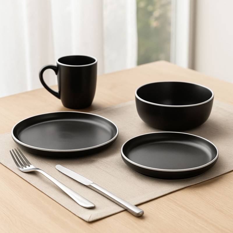 juego de platos y taza de ceramica x 16pzs negro