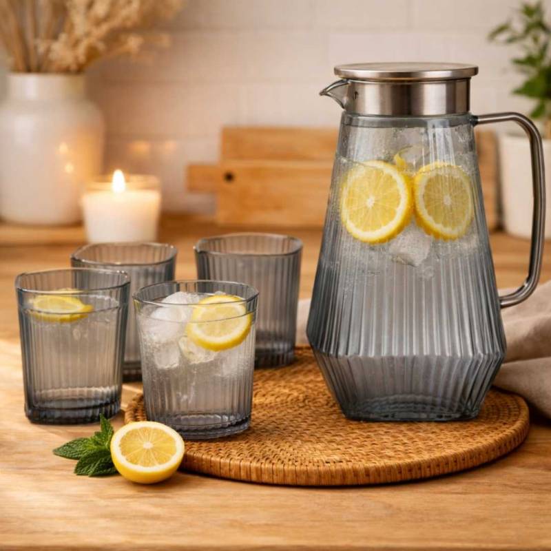 SET JARRA + 6 VASOS DE VIDRIO LINEA NEGRA