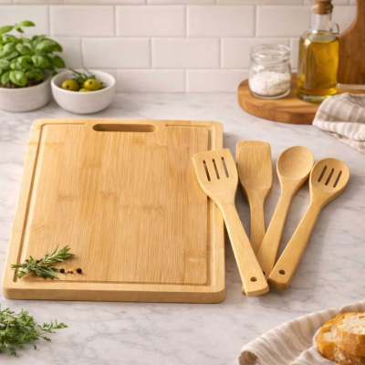 SET  4 UTENSILIOS+ TABLA DE BAMBOO