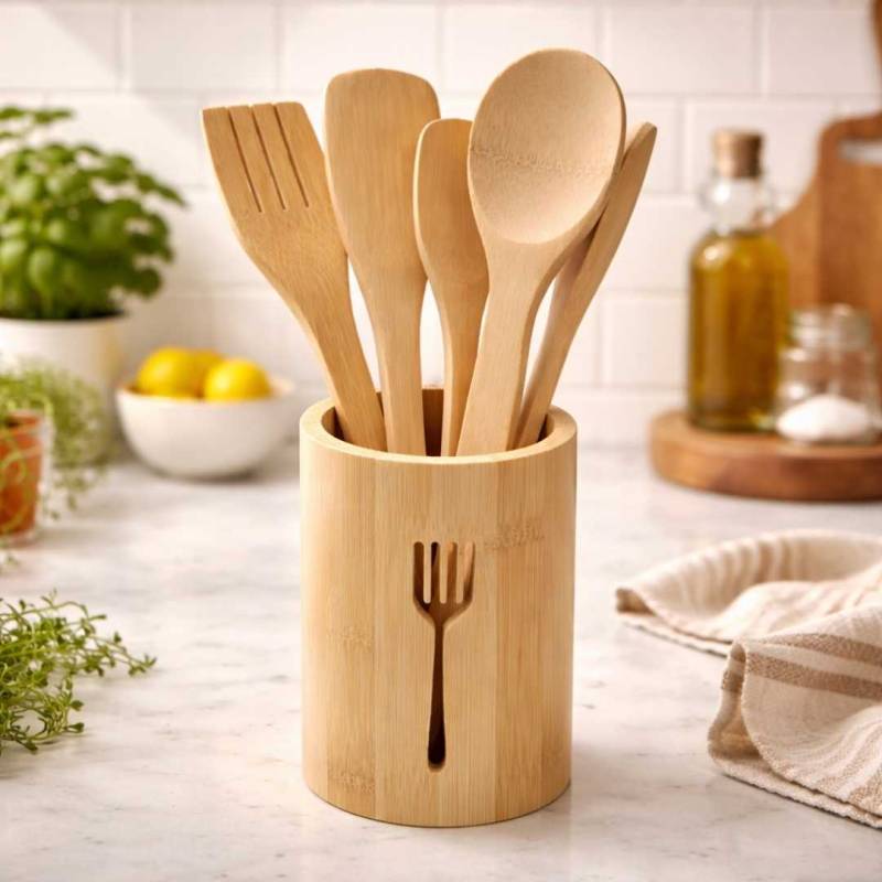 SET X5 UTENSILIOS DE BAMBOO+PORTA