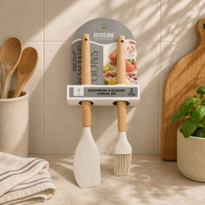 Set Espatula+Pincel Silicona Mango Madera