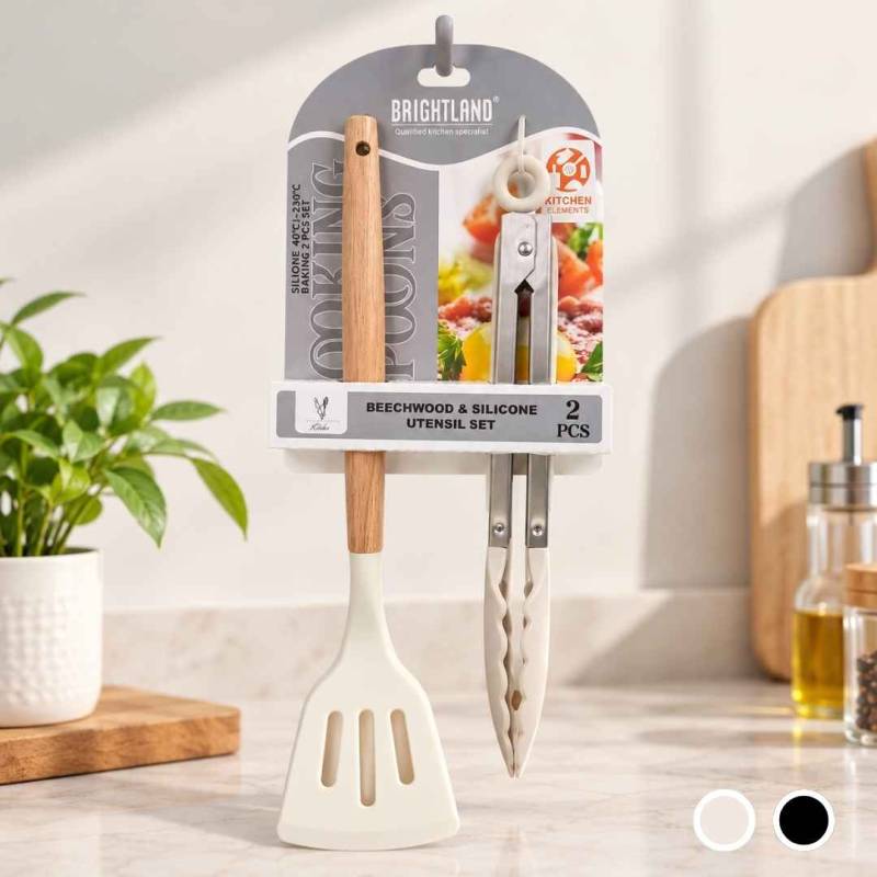 Set Pinza+Espatula Acanala Silicona Mango Madera