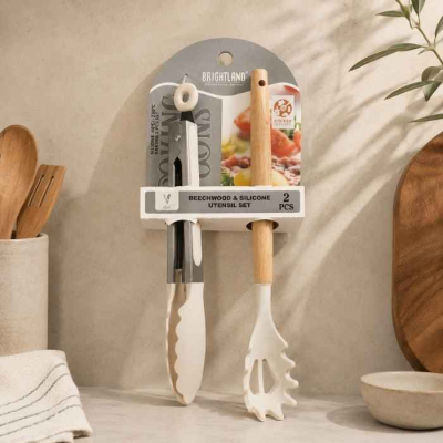 Set Pinza+Cuchara P/Pastas Silicona Mango Madera