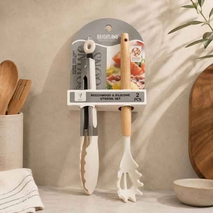 Set Pinza+Cuchara P/Pastas Silicona Mango Madera